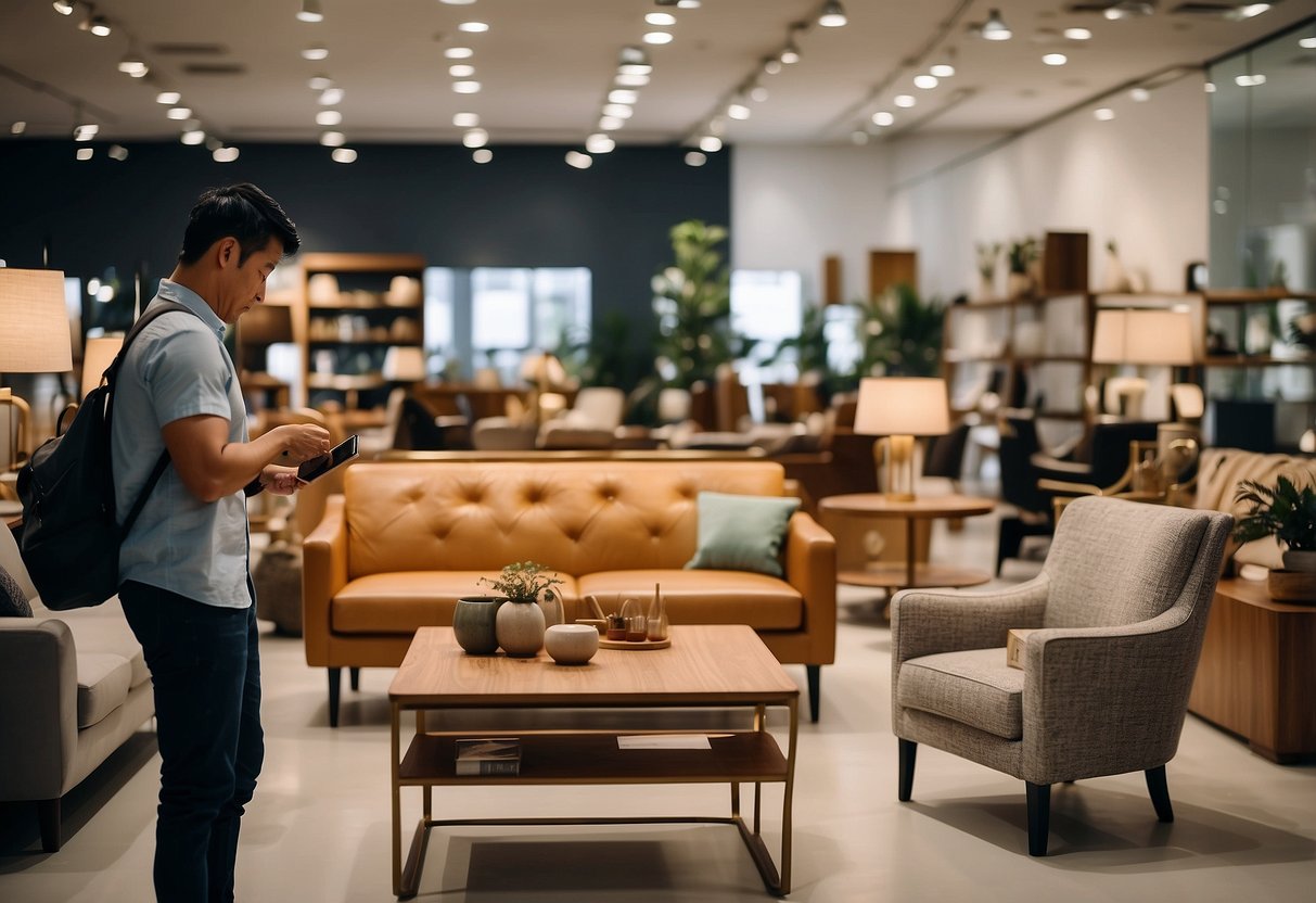 A customer browsing through a variety of furniture items in a spacious showroom with neatly arranged displays and signage for Frequently Asked Questions at Jurong East Furniture