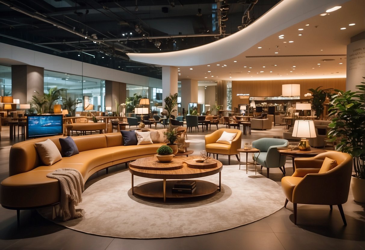 A spacious furniture shop at Suntec City with modern displays and warm lighting. Various furniture pieces are arranged neatly, creating an inviting and comfortable atmosphere