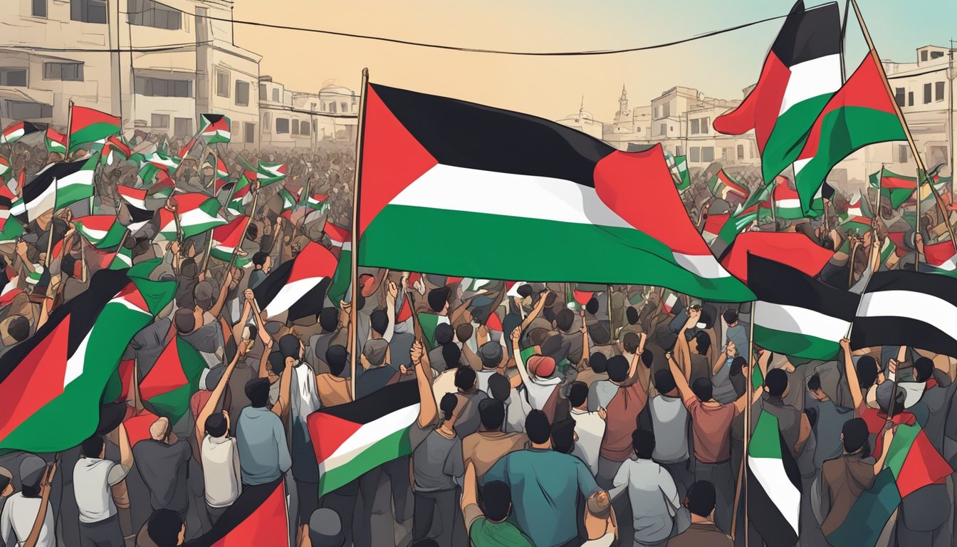 A Palestinian flag waves in the wind, surrounded by a crowd of supporters holding signs and banners. The atmosphere is filled with passion and solidarity