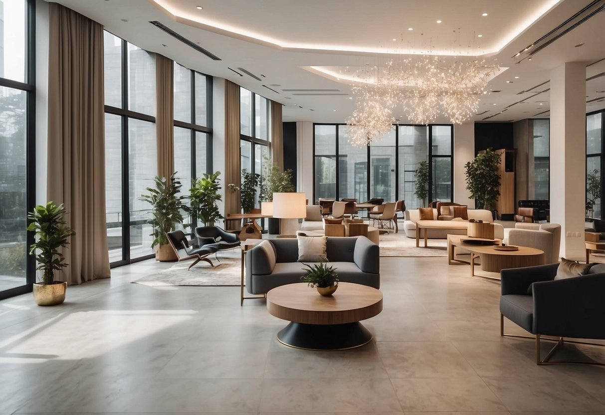 A spacious showroom with modern and classic furniture displays. Bright lighting highlights the elegant designs and quality craftsmanship