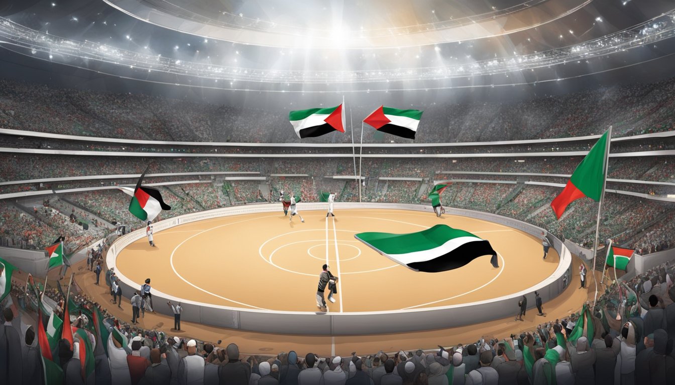 The Arena is adorned with Palestinian flags and symbols, while athletes and performers show solidarity through their attire and gestures