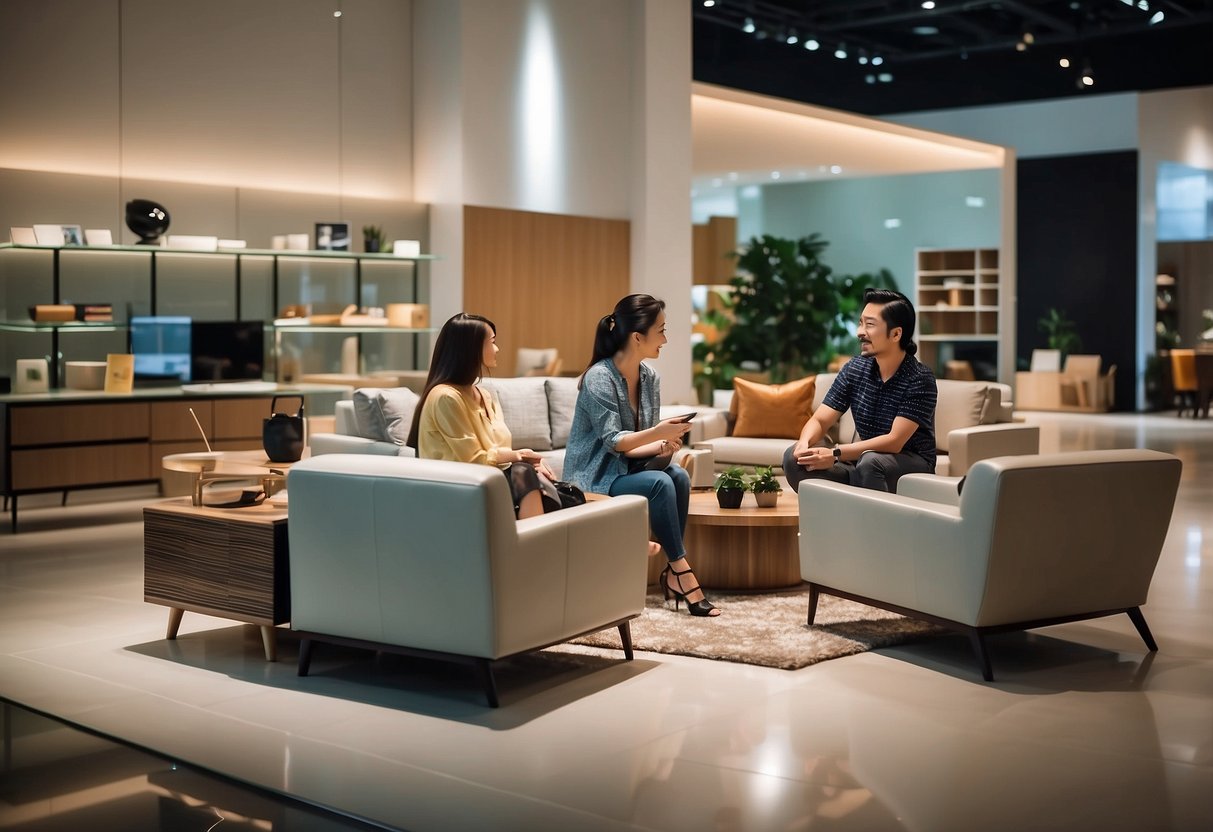 Customers browse modern furniture in a spacious, well-lit showroom at Suntec. Friendly staff assist with product inquiries and purchases