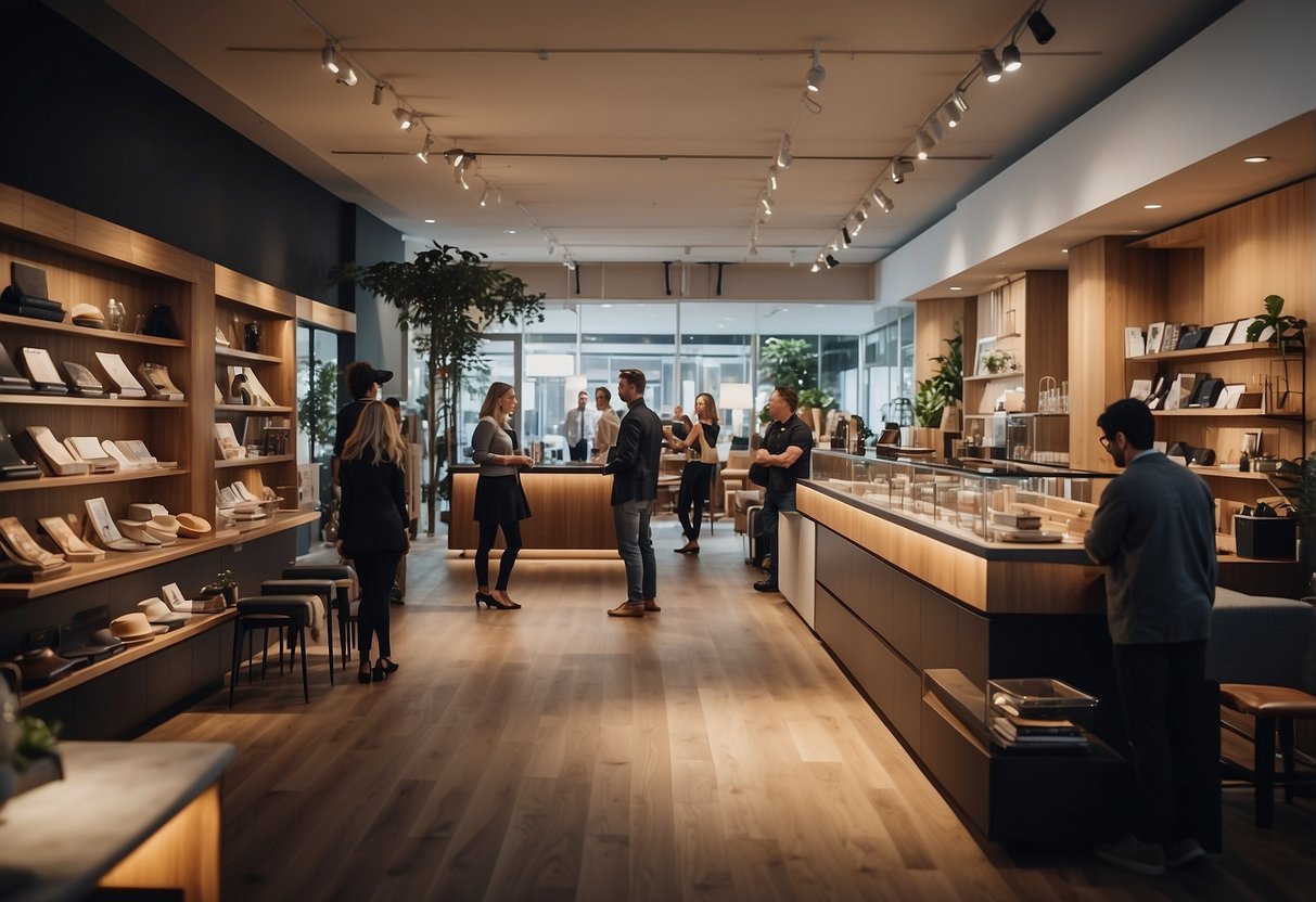 A bustling furniture shop with customers browsing, staff assisting, and a prominent "Frequently Asked Questions" section displayed near the entrance