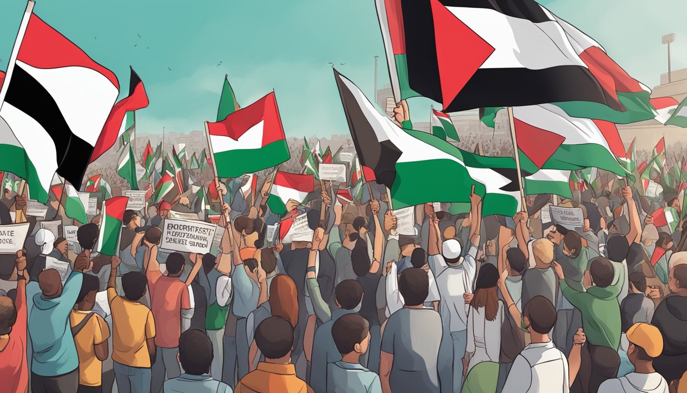 A crowd of people holding signs and flags in support of Palestine at a protest outside an Arena