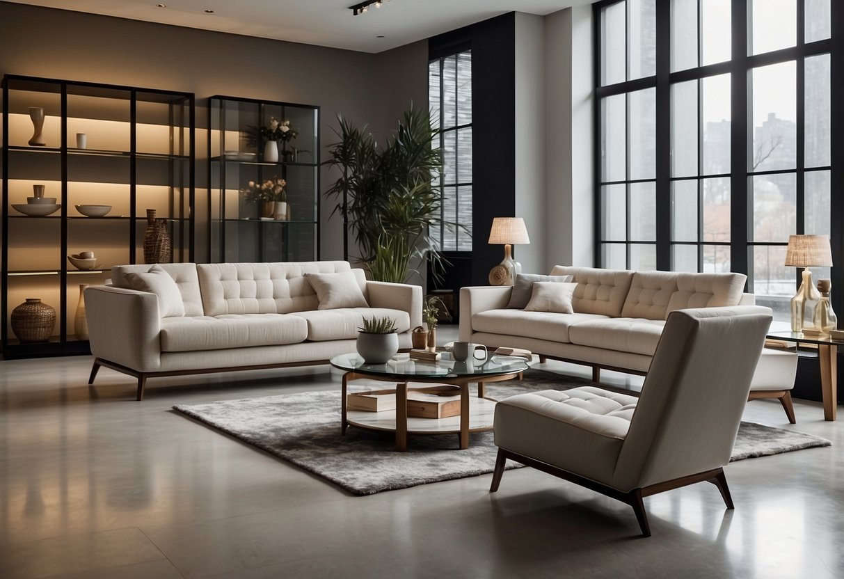 A spacious showroom displays modern and classic furniture pieces, arranged in stylish settings with ample natural light