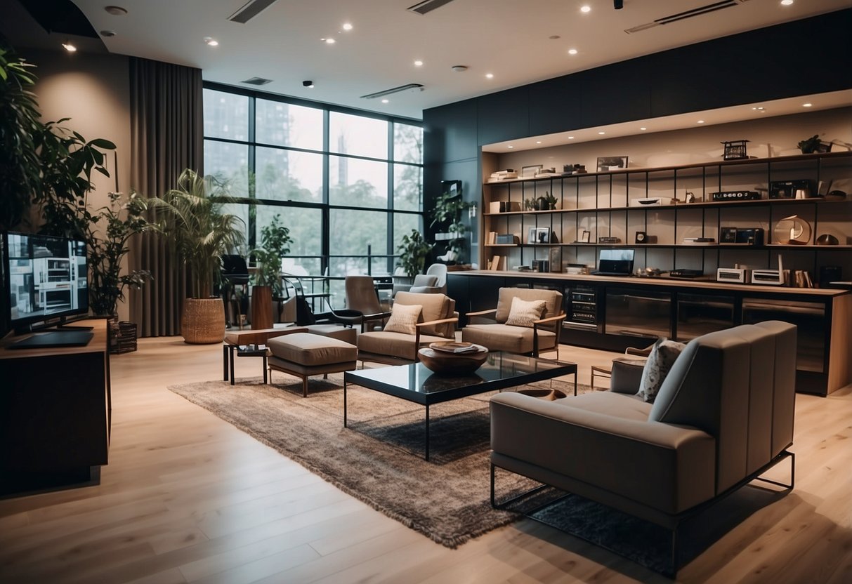 A spacious showroom with rows of modern electronics and appliances, surrounded by stylish furniture displays