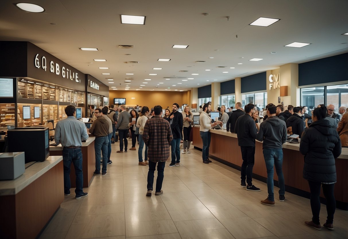 Customers stand in line at the FAQ court, surrounded by furniture displays and signs