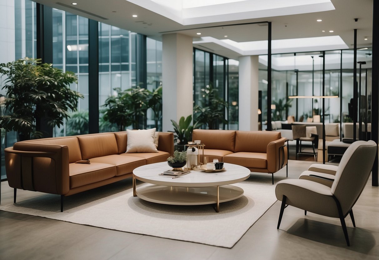 A modern furniture showroom in Singapore's Novena district, with sleek designs and minimalist decor
