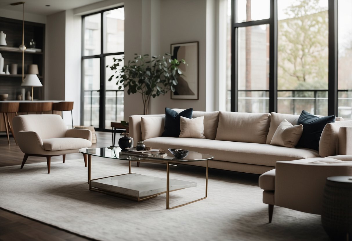 A modern living room with sleek, minimalist furniture in a neutral color palette. Clean lines and a spacious layout create a sense of luxury and sophistication