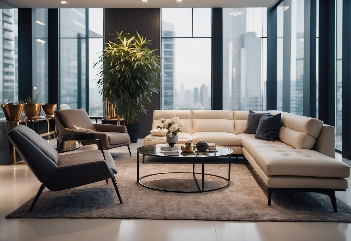 A modern showroom with sleek furniture displays and elegant decor, showcasing Novena Furniture's quality and style