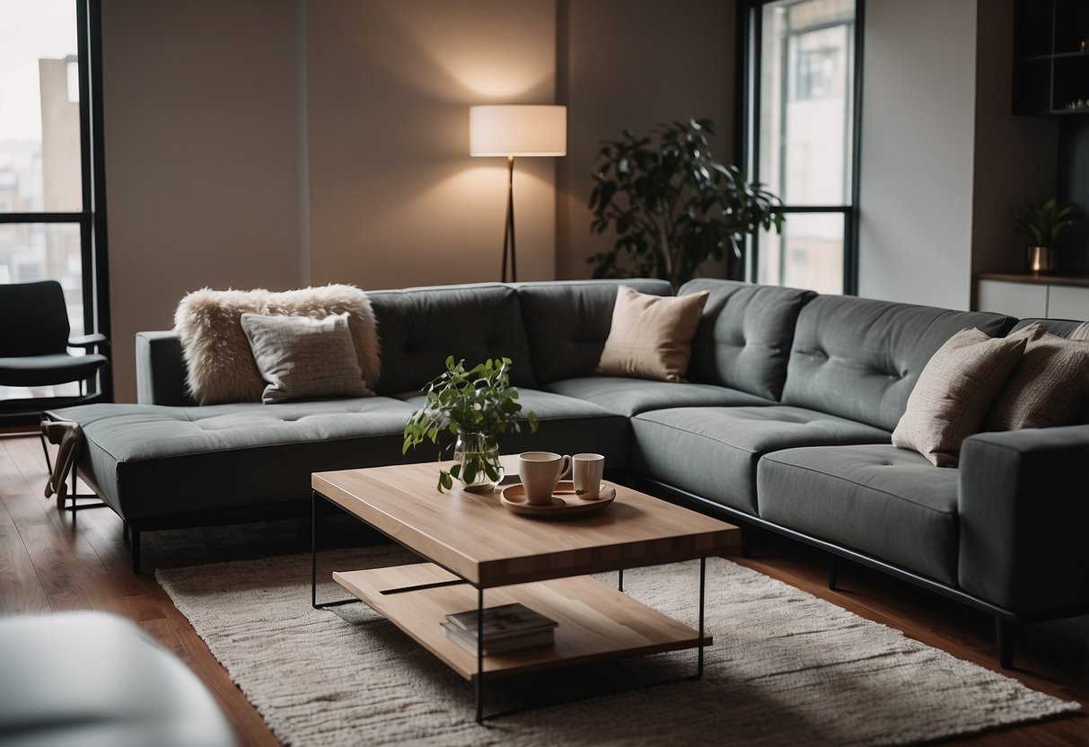 A cozy living room with Novena furniture, a sleek sofa, and a modern coffee table. A customer service representative answering questions