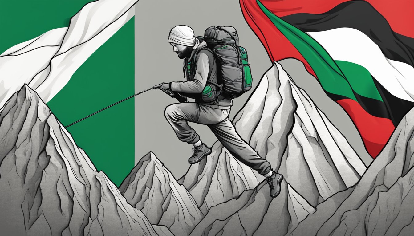 Mountain Hardwear supports Palestine. Show a logo on a backdrop of the Palestinian flag with outdoor gear