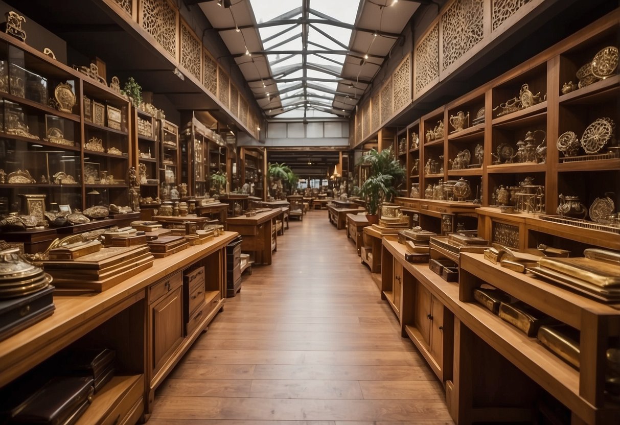 A bustling landscape of Sungei Kadut's furniture shops, with towering shelves of polished wood and gleaming metal, showcasing a variety of modern and traditional designs. The air is filled with the scent of freshly cut timber and the sound of craftsmen