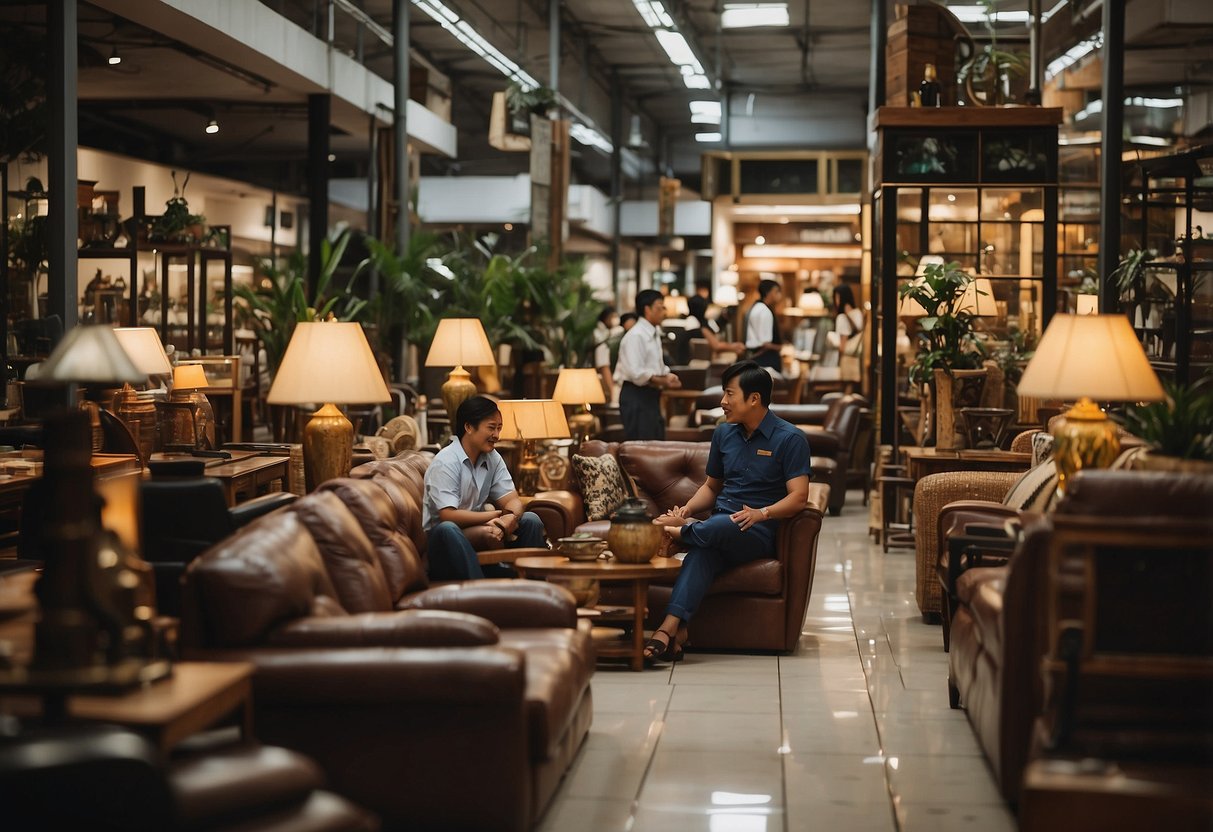 A bustling furniture shop in Sungei Kadut, with customers browsing and staff assisting. Various pieces of furniture are displayed, and signs indicate frequently asked questions