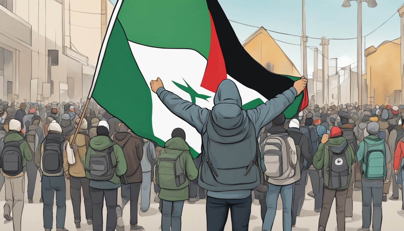 A person wearing an Arc'teryx jacket holds a Palestinian flag while standing in front of a peaceful protest