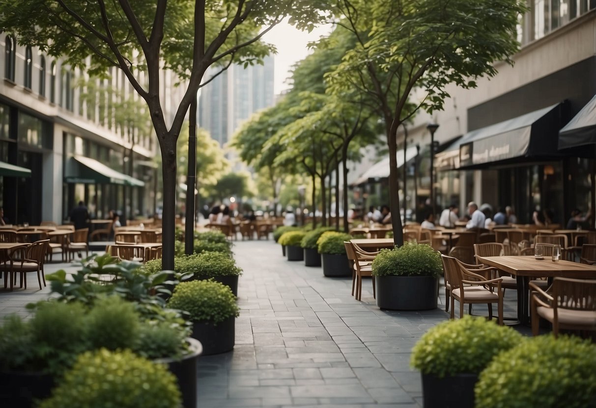 A bustling boulevard with modern outdoor furniture, surrounded by tall buildings and lush greenery