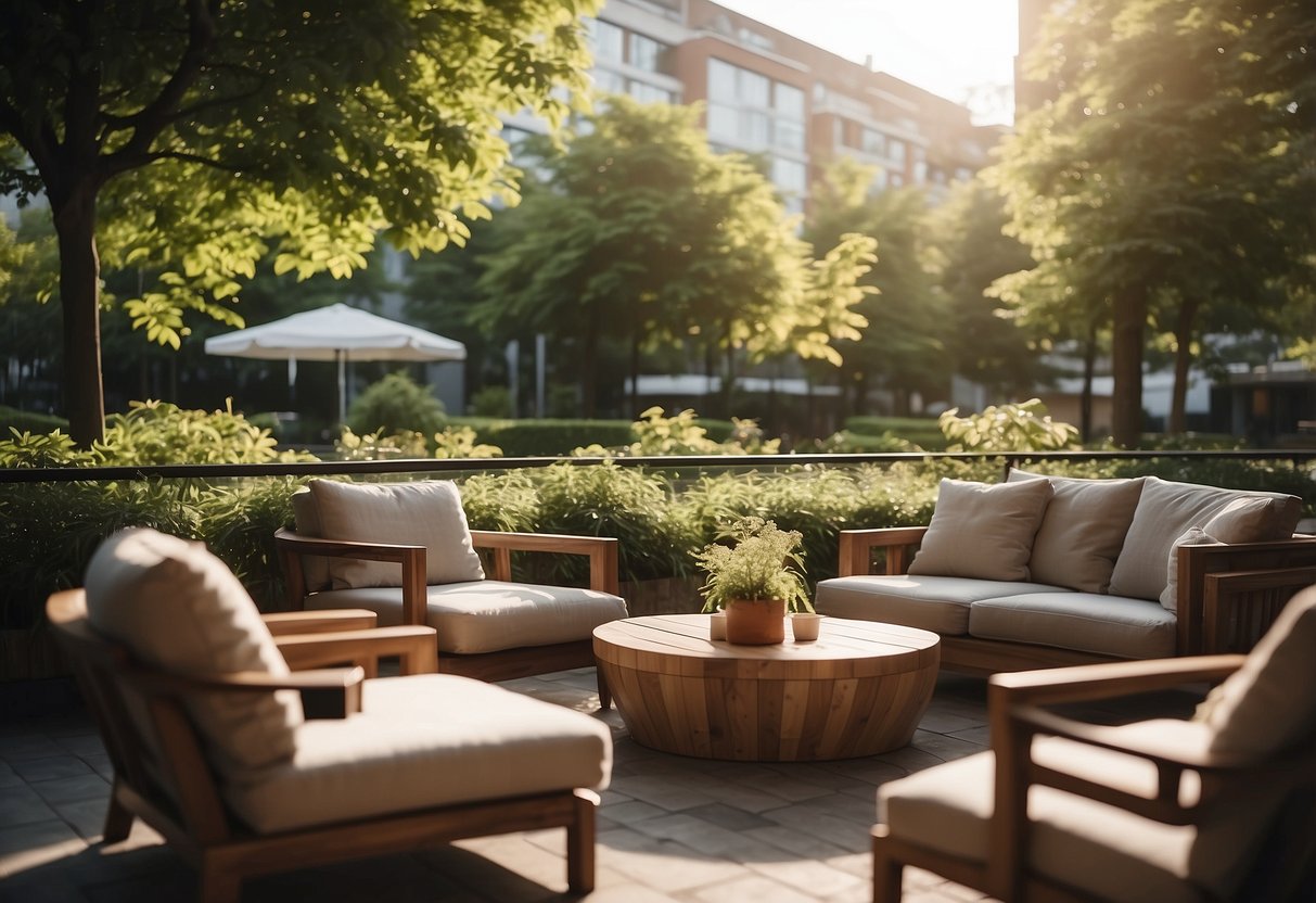 A cozy outdoor scene with modern Boulevard furniture, surrounded by lush greenery and bathed in warm sunlight