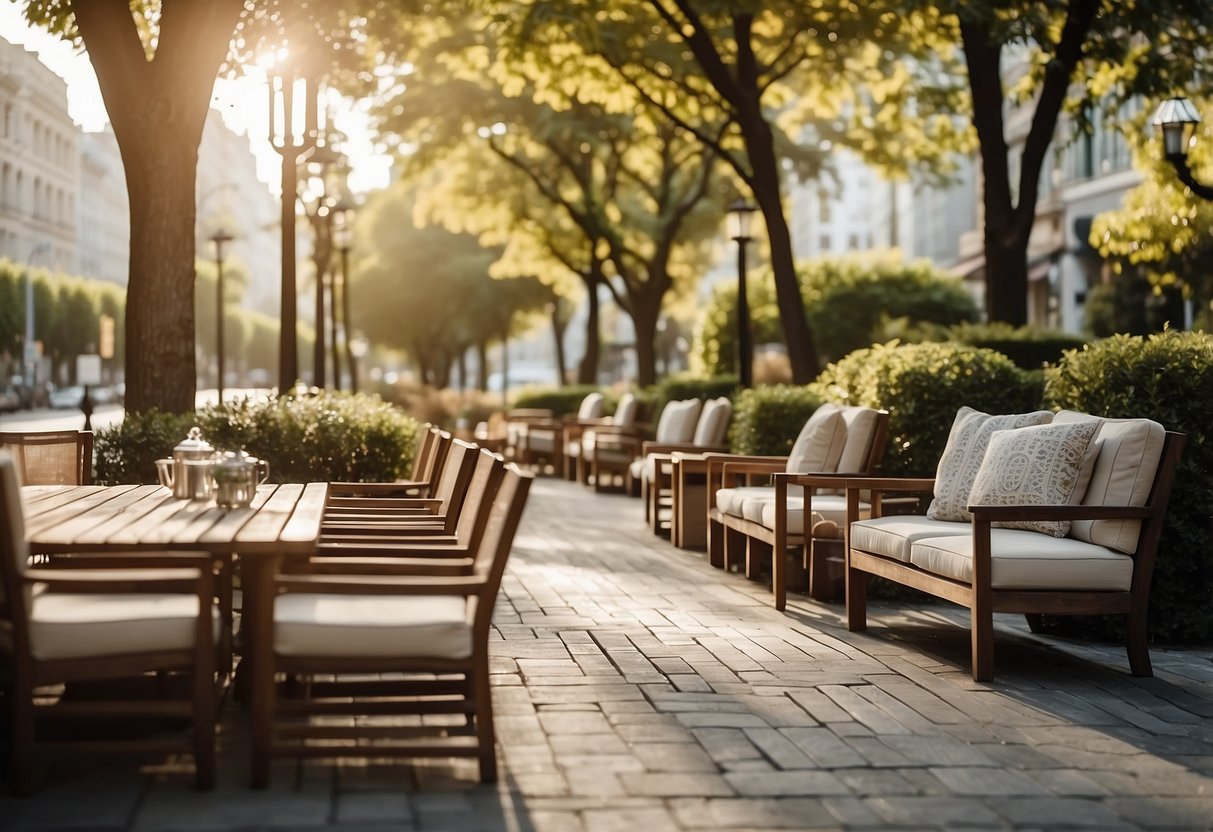 A serene boulevard with high-quality outdoor furniture showcasing fine craftsmanship