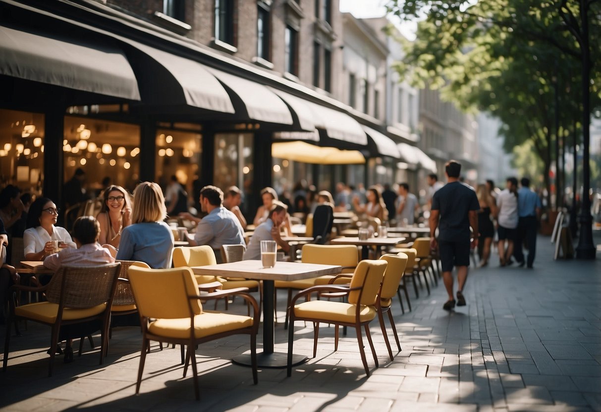 A bustling boulevard with stylish outdoor furniture, surrounded by curious onlookers and potential customers