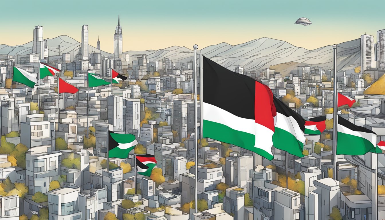 A futuristic cityscape with Arc'teryx branding and a Palestinian flag flying prominently