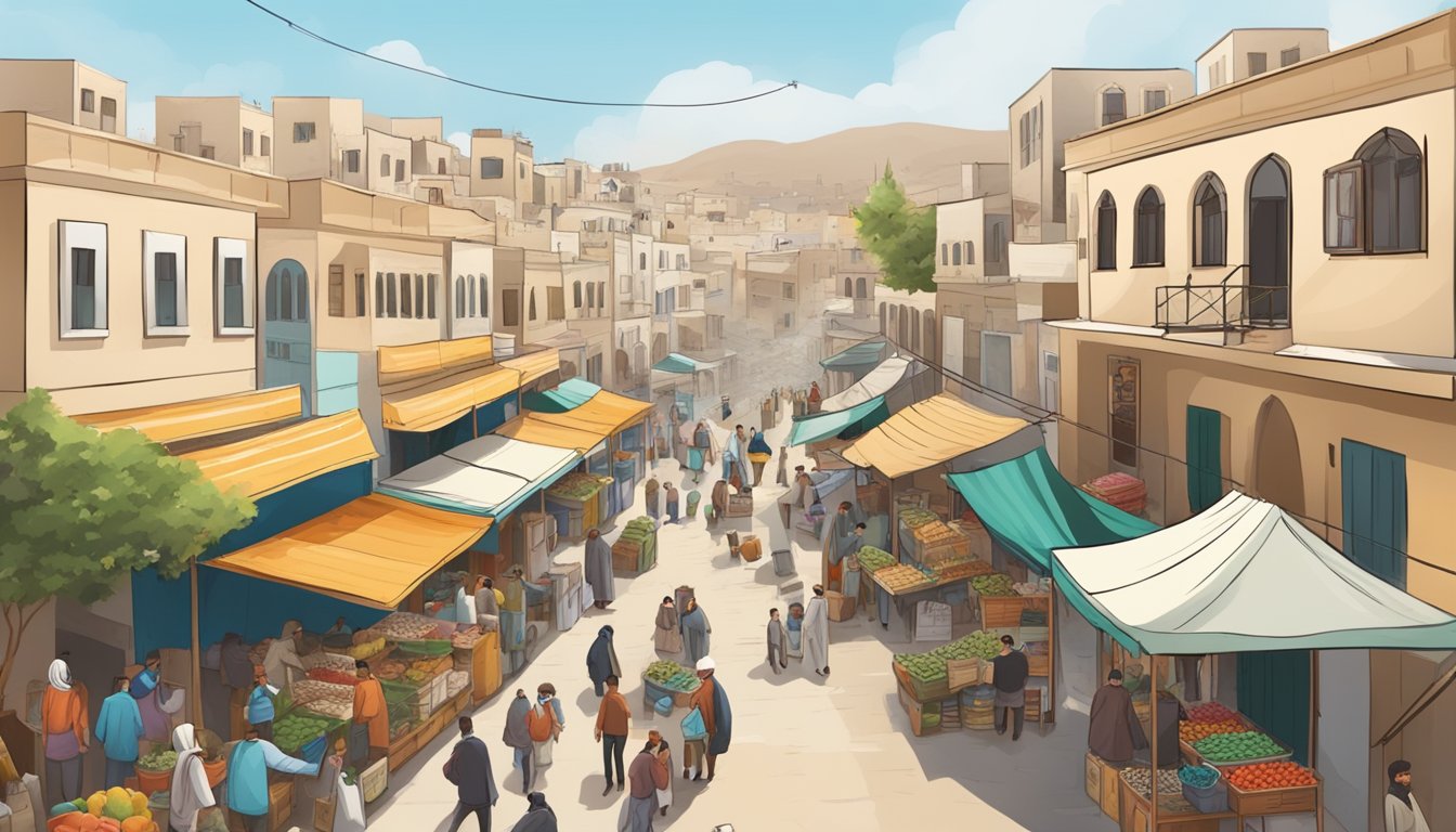 A bustling Palestinian market surrounded by homes and schools, with signs of economic growth and community support