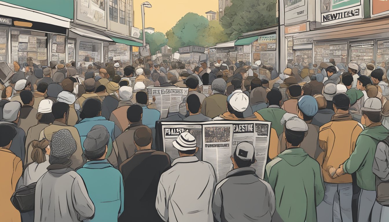 A crowd gathers around a newsstand, reading headlines about Palestine. Cameras and microphones capture the public's opinions