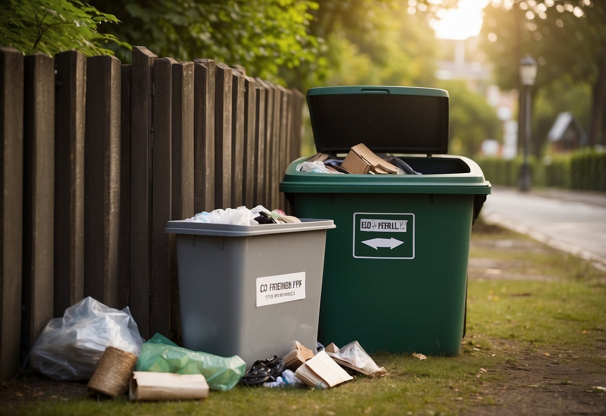 A recycling bin overflowing with old furniture, next to a sign reading "Eco-Friendly Disposal Tips" with arrows pointing towards the bin