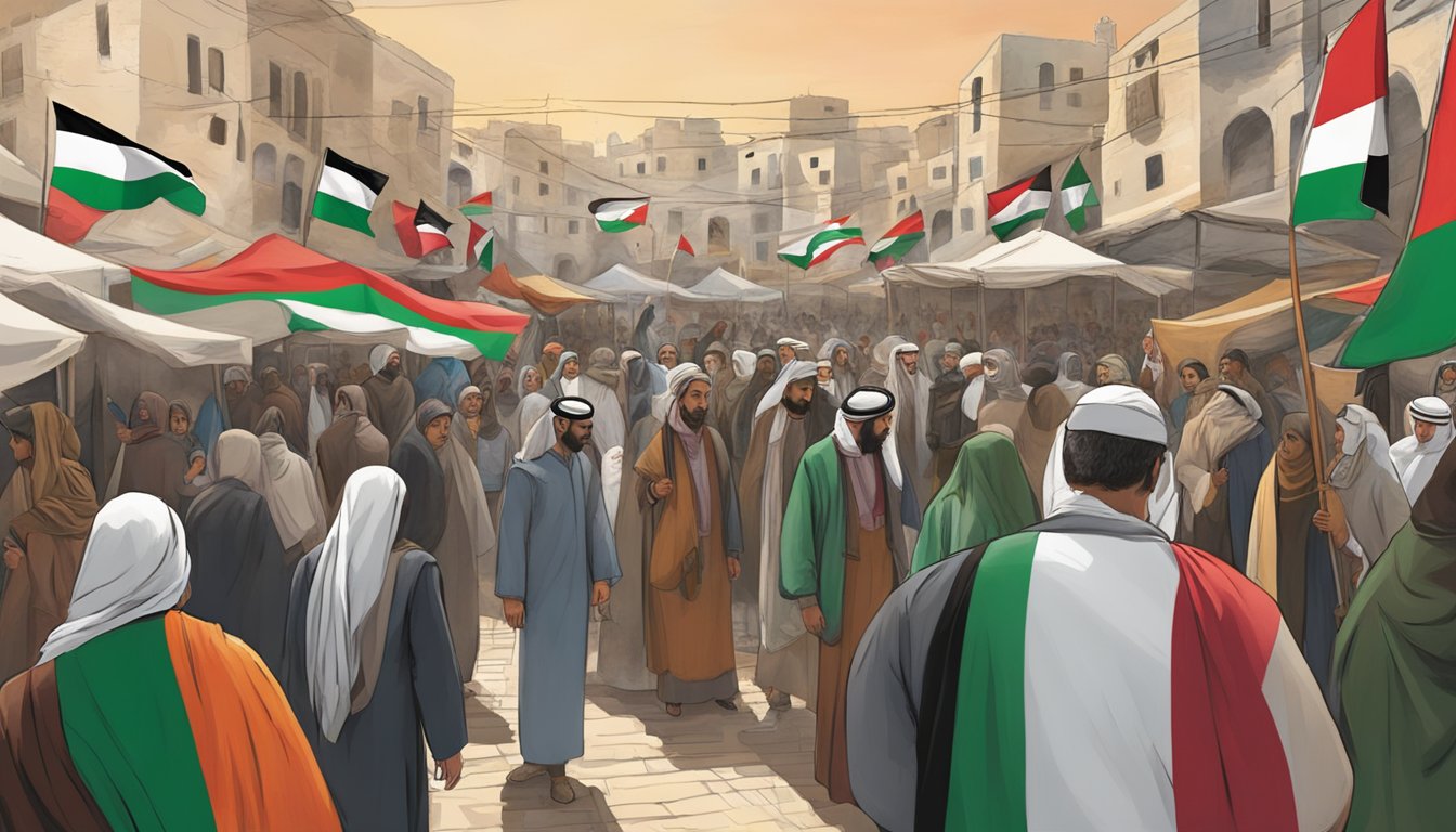 A crowd gathers in a vibrant marketplace, displaying Palestinian flags and traditional clothing. People engage in lively discussions about cultural and societal dimensions, showing support for Palestine