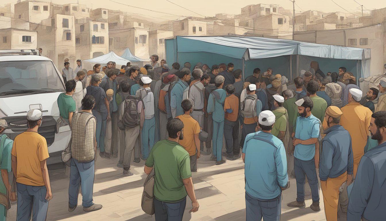 A group of people gather around a security checkpoint in a Palestinian town, while humanitarian aid workers distribute supplies to those in need