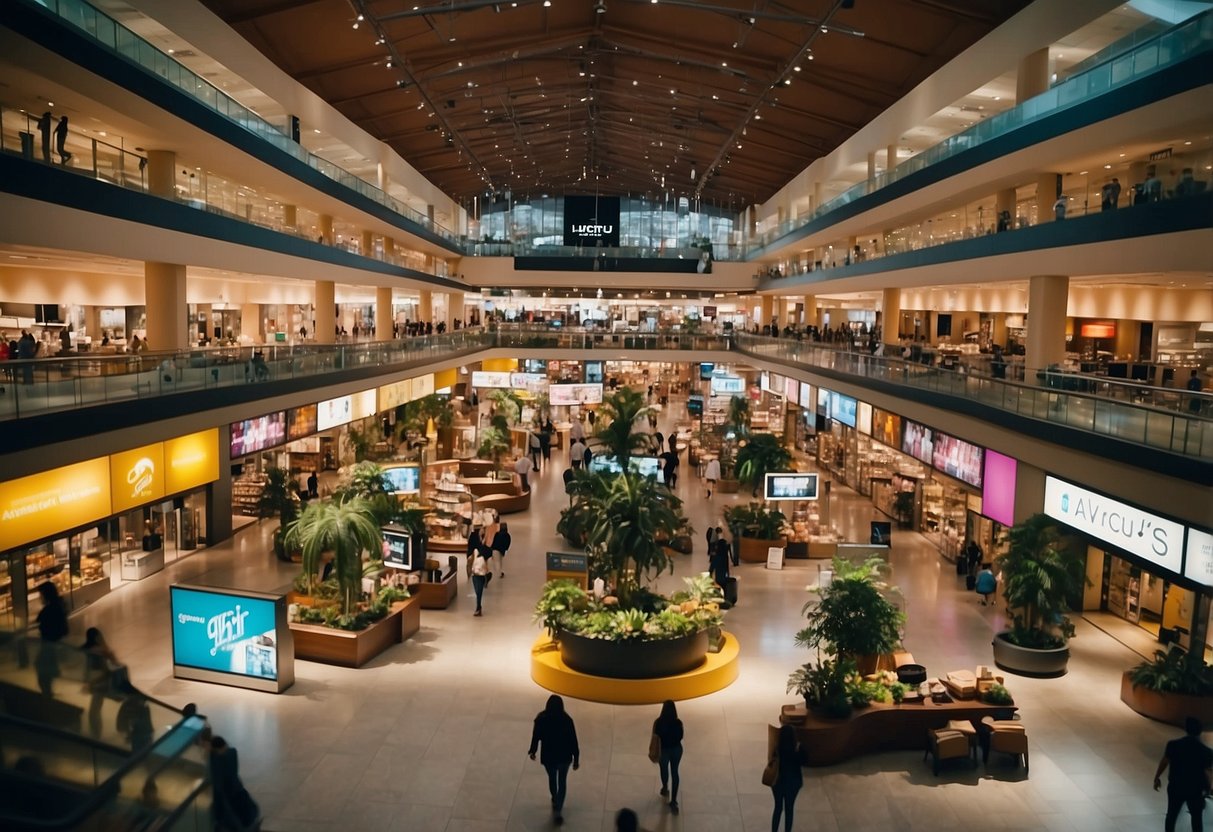 A bustling furniture mall with colorful displays and busy shoppers browsing through the aisles