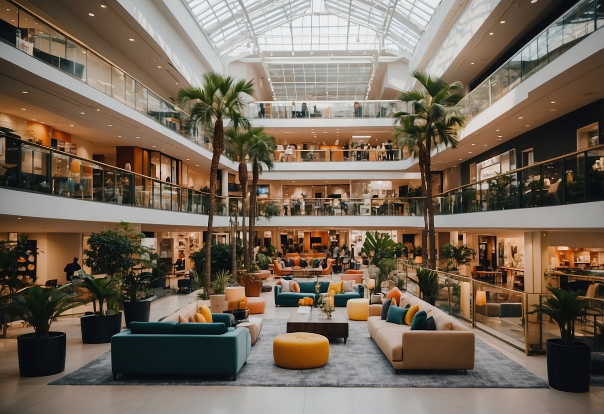 A bustling furniture mall with diverse showrooms, vibrant displays, and shoppers exploring the latest home decor trends