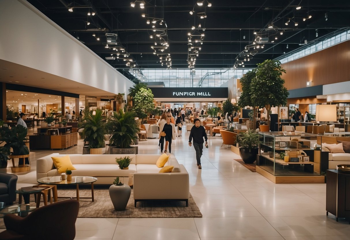 The furniture mall is bustling with activity as customers browse through the wide selection of items. The spacious layout and modern decor create a welcoming atmosphere
