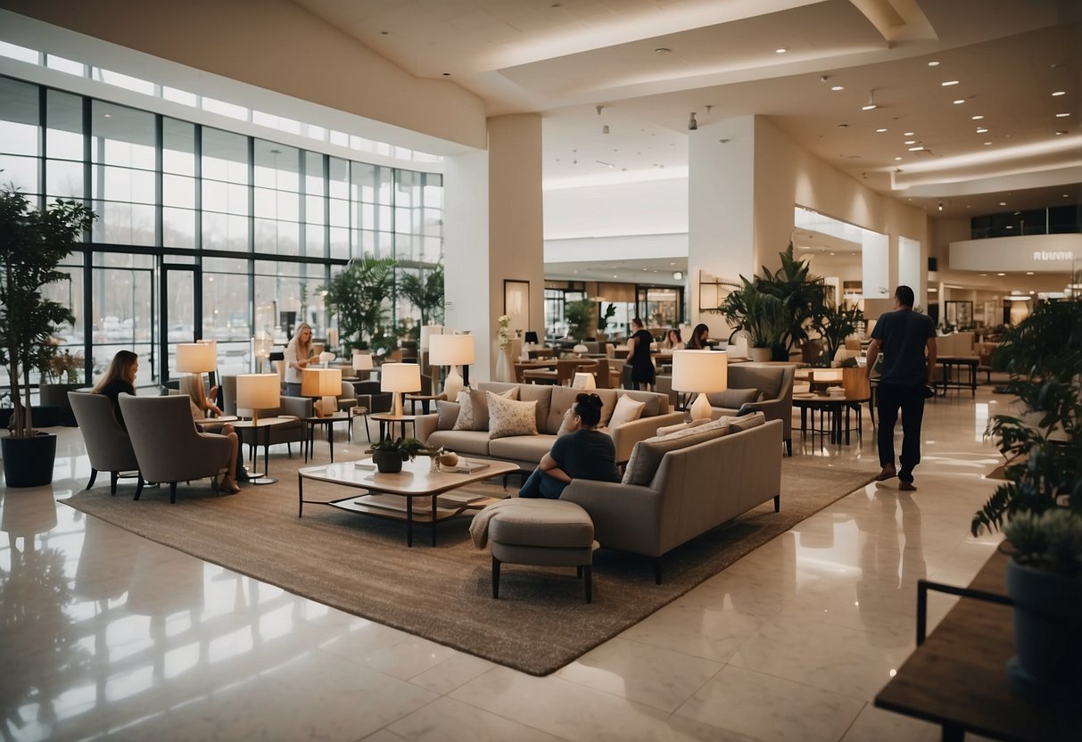 A bustling furniture mall with customers browsing, staff assisting, and signs displaying "Frequently Asked Questions" throughout the spacious showroom