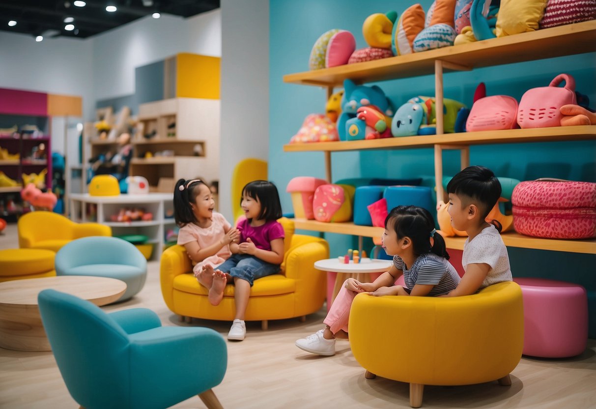 Children's furniture showroom in Singapore: Brightly colored chairs, tables, and shelves. Kids playing and testing furniture. Smiling sales staff assisting parents