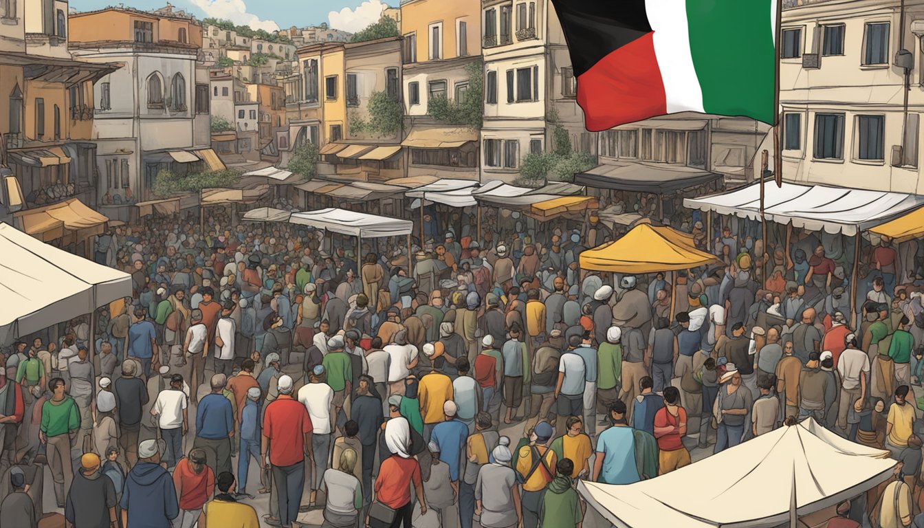 A Palestinian flag flies high above a bustling market, as people gather to support La Sportiva's products