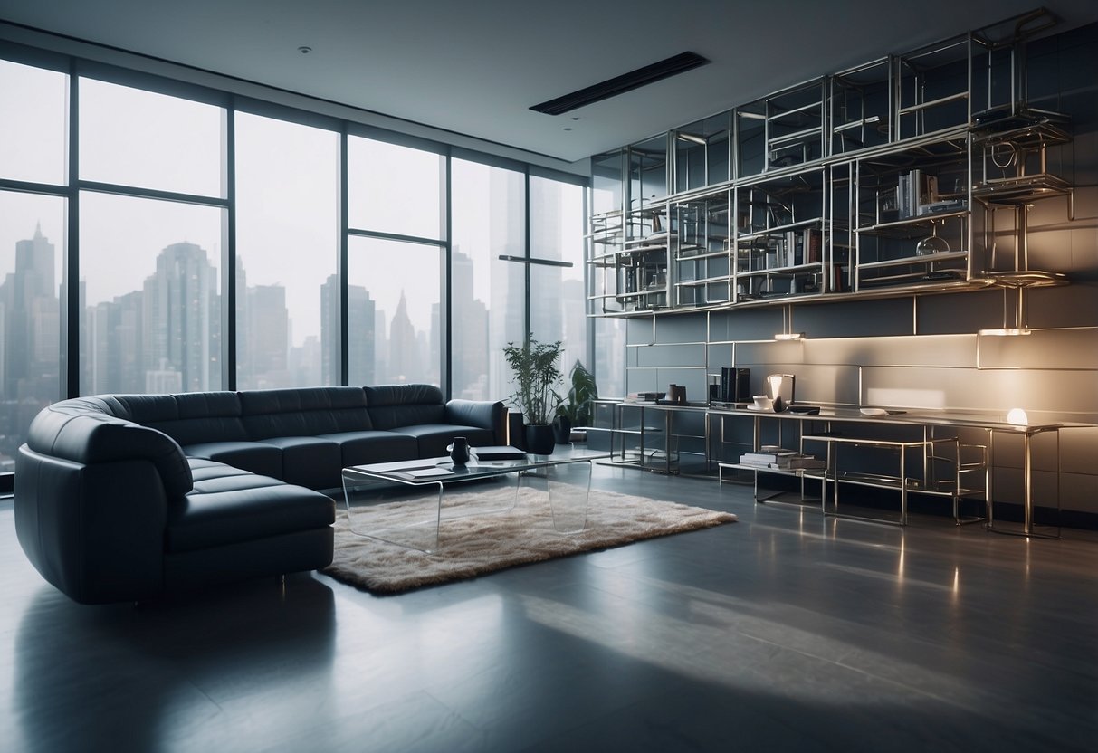 A room filled with sleek, modern furniture made of interconnected molecular structures, creating a futuristic and avant-garde atmosphere