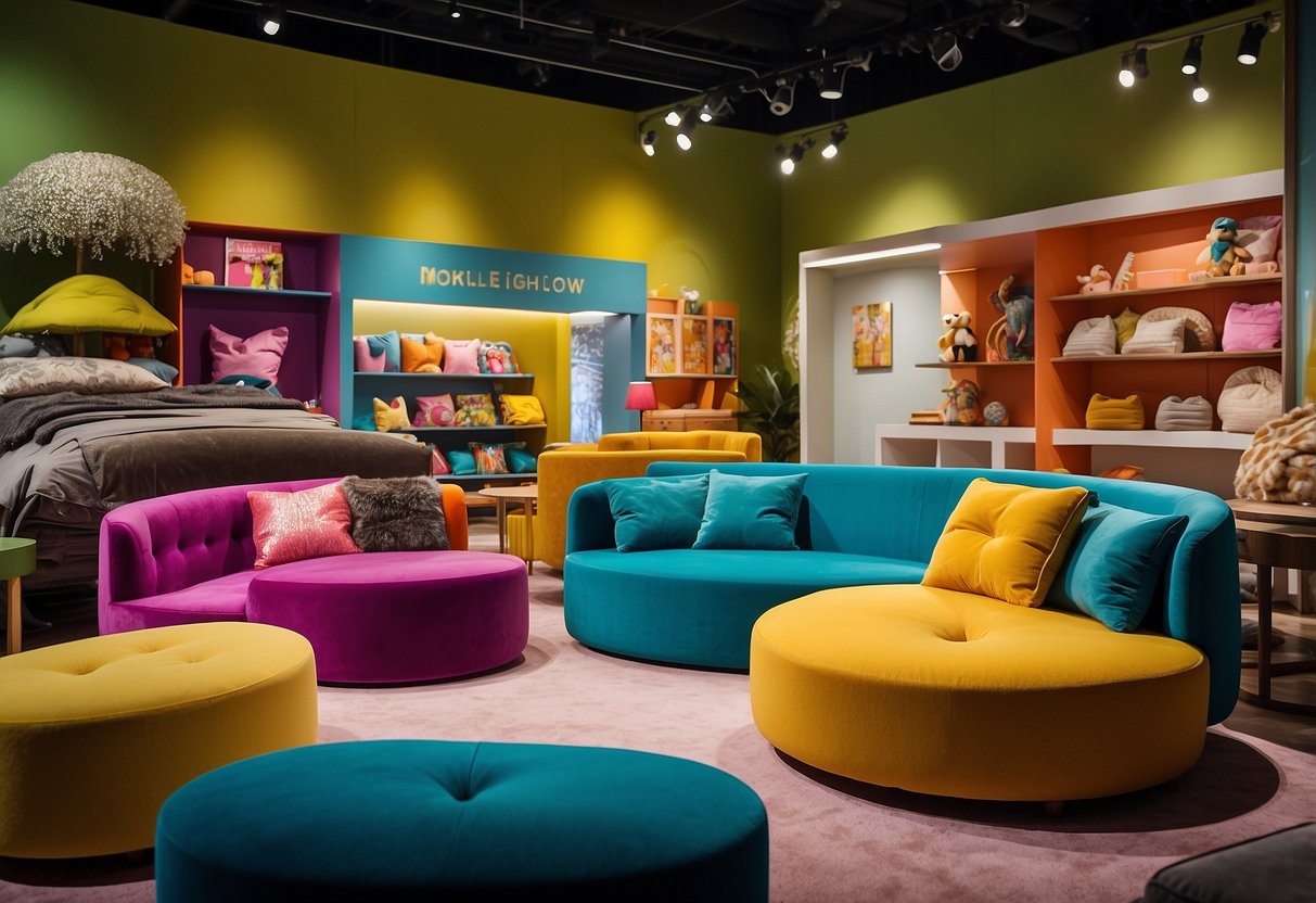 A colorful and vibrant showroom displays top kids furniture brands and stores in Singapore. Brightly colored beds, desks, and chairs are arranged in playful and inviting settings