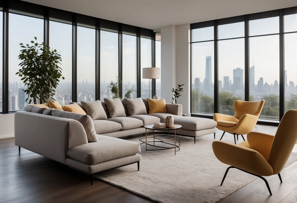 A modern living room with sleek Molecule Furniture. Clean lines, minimalist design, and neutral colors create a sophisticated and inviting space