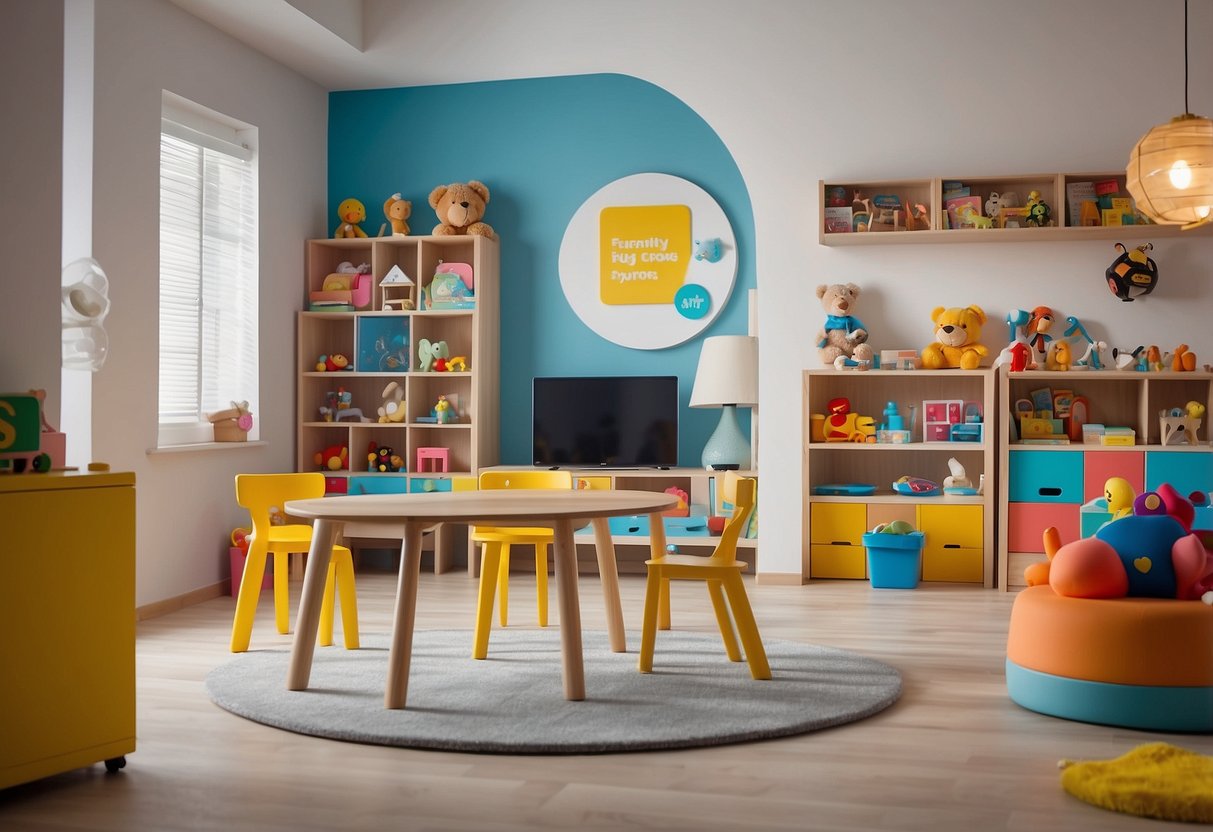 A colorful playroom with a variety of kid-sized furniture and toys neatly organized. A sign reading "Frequently Asked Questions kids furniture singapore" is displayed prominently on the wall