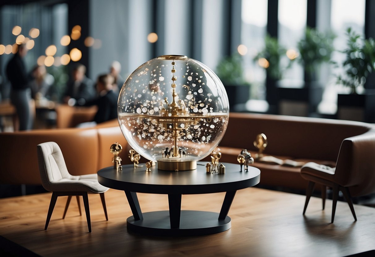 A molecule-shaped furniture set surrounded by curious onlookers
