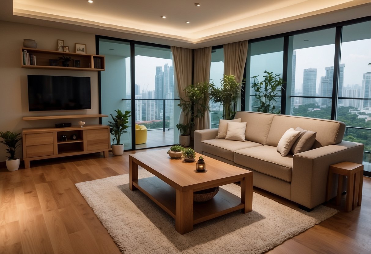 A cozy living room with solid wood furniture in Singapore. A large wooden coffee table, a sturdy oak bookshelf, and a sleek teakwood dining table