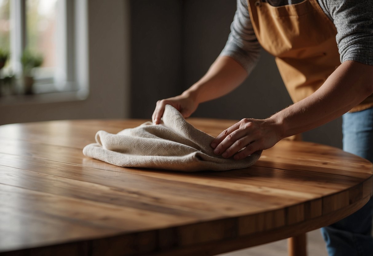 A person carefully dusts and polishes a beautiful solid wood dining table with a soft cloth, taking care to maintain its natural shine and luster