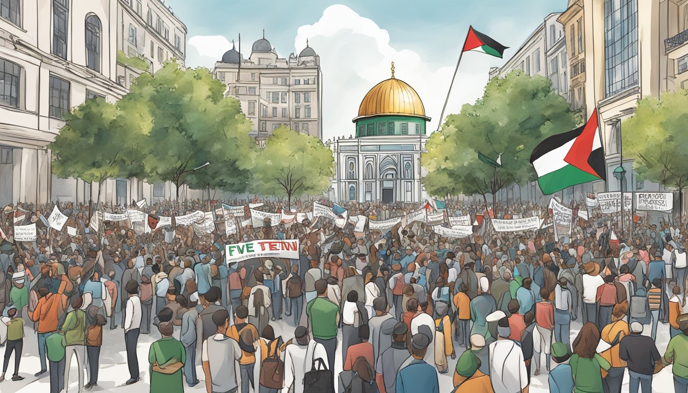 A crowd gathers around a banner that reads "Five Ten supports Palestine" in a busy city square. Flags and signs in support of Palestine are held high