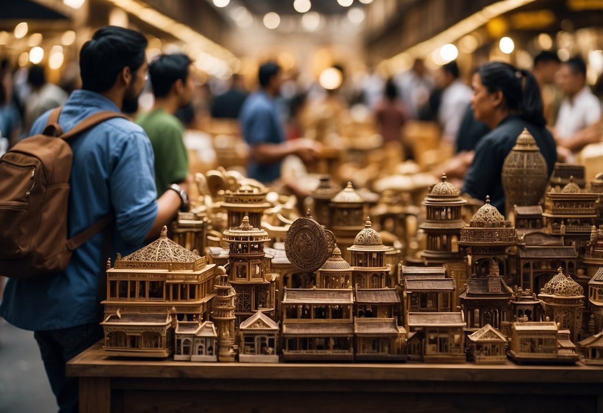 A bustling marketplace with vendors showcasing a variety of furniture, from intricately carved wooden pieces to sleek modern designs. Shoppers browse the aisles, admiring the craftsmanship and haggling over prices