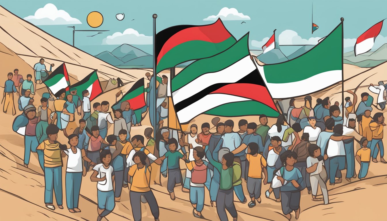 Five Ten logo displayed with Palestinian flag in background, surrounded by images of community support and aid efforts