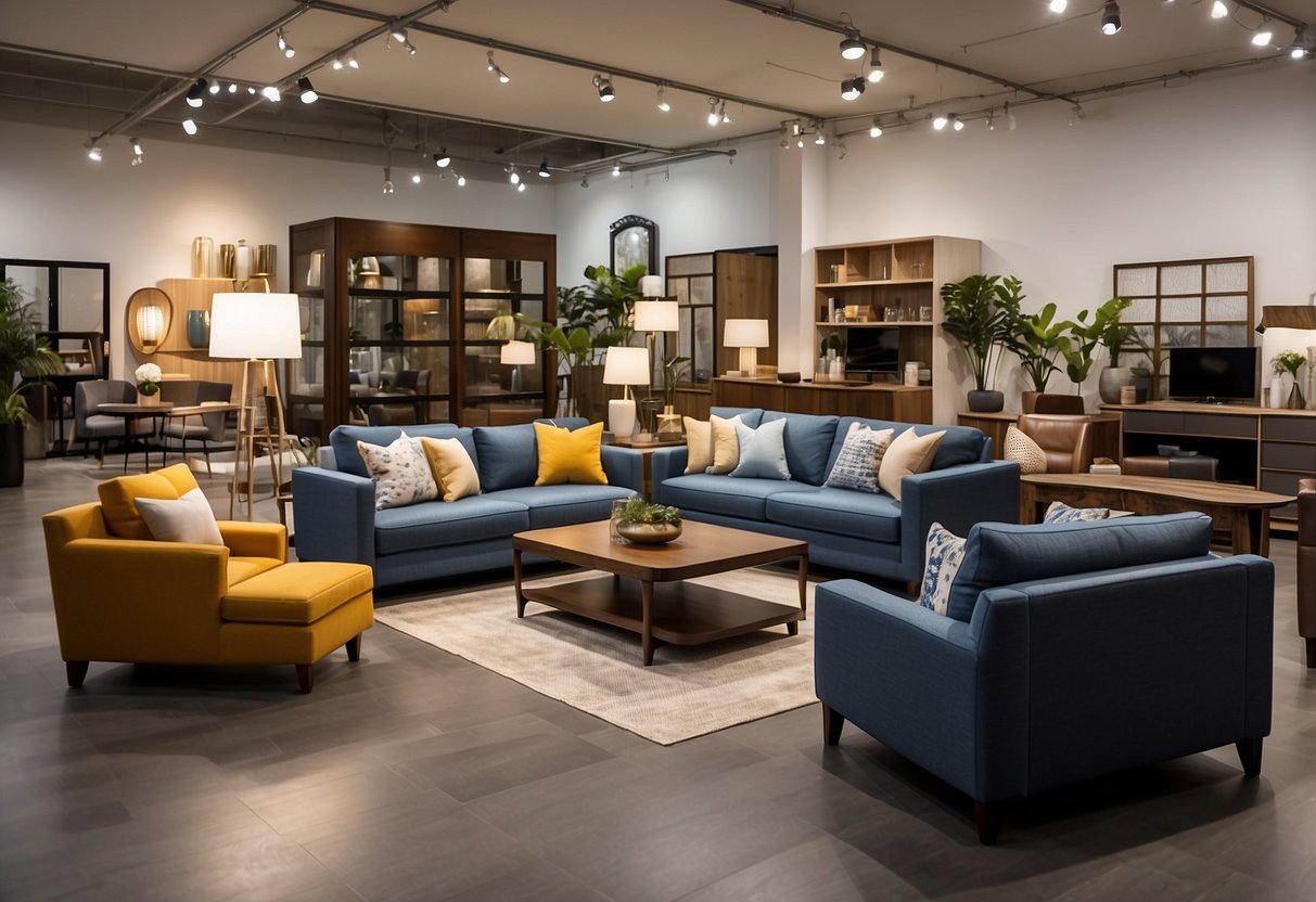 Customers browsing through modern and traditional furniture displays at Tradehub 21 Furniture Stores. Various styles and designs are showcased throughout the spacious showroom