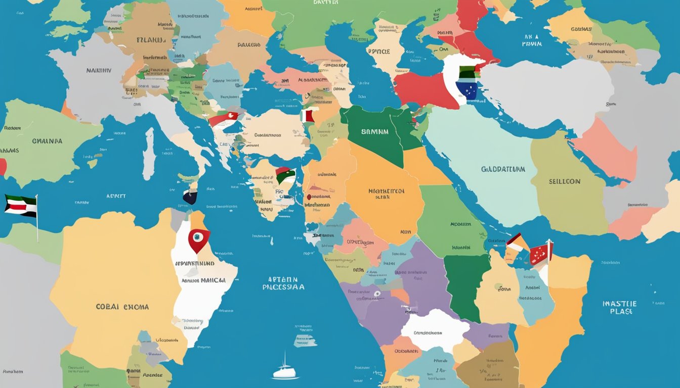 A map of Palestine with a spotlight on it, surrounded by different flags representing global perspectives