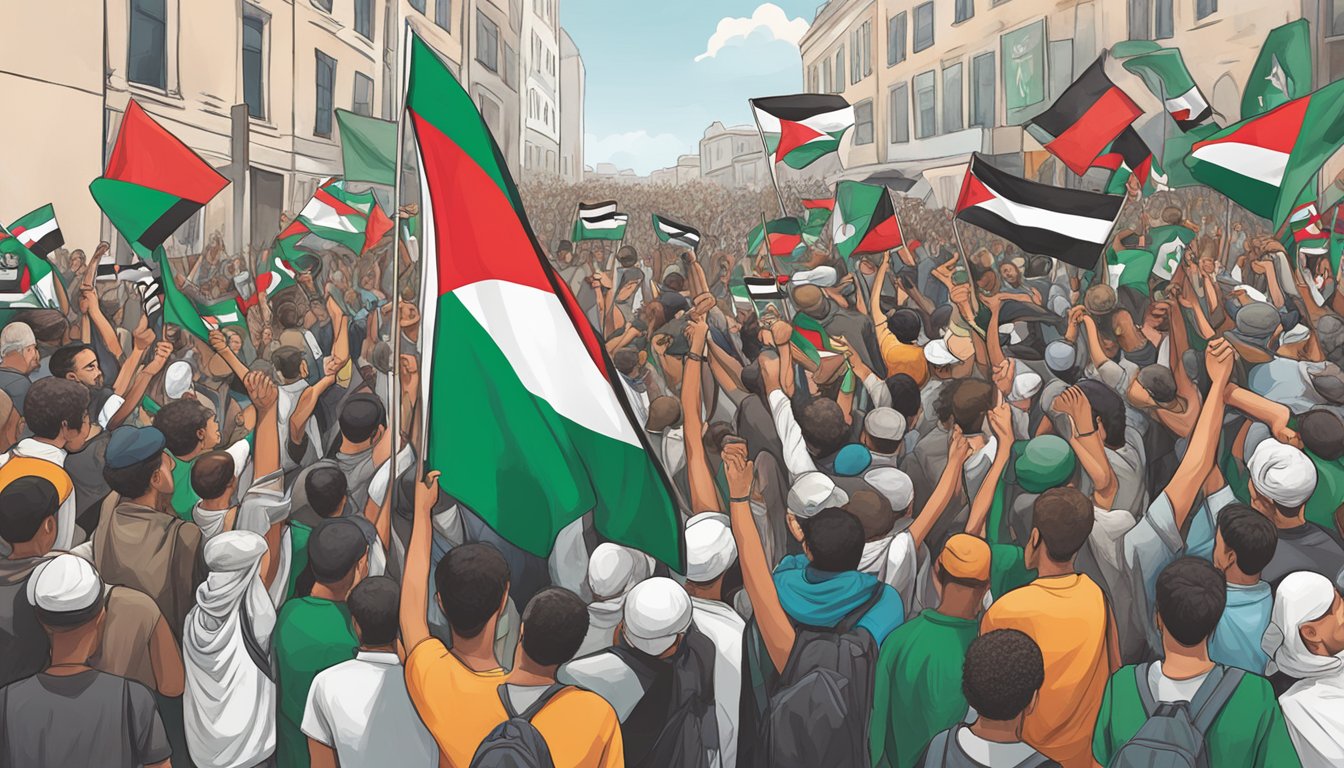 A crowd gathers, holding signs and chanting in support of Palestine. Five Ten's logo is visible on banners and t-shirts. The atmosphere is charged with passion and determination