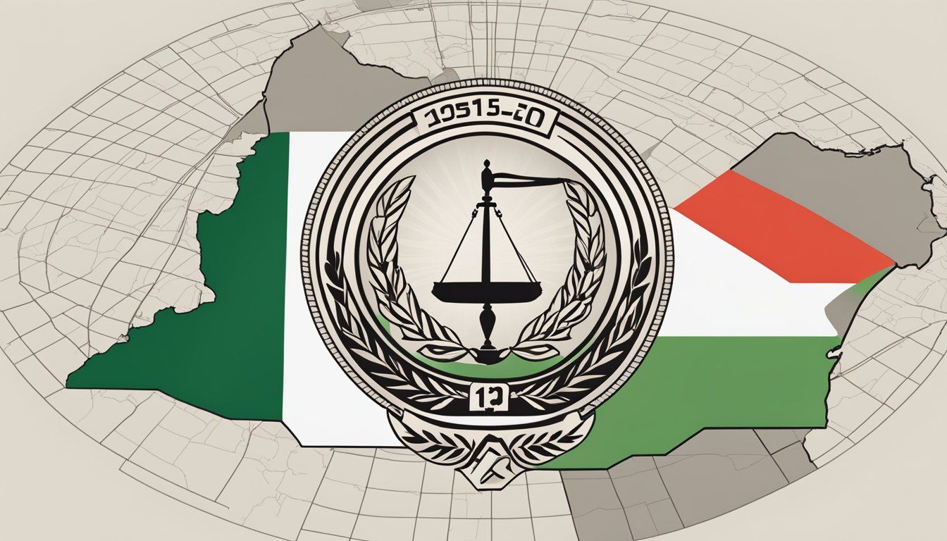 Five Ten logo displayed on a flag in front of a map of Palestine with a scale of justice symbolizing legality and international law support