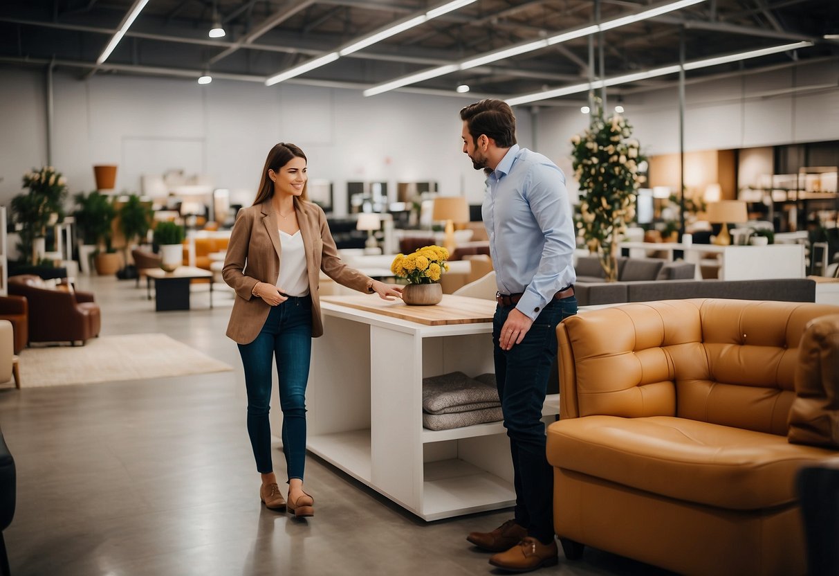 A customer browses furniture at Tradehub 21, assisted by a helpful salesperson. The store is bright and well-organized, with a wide selection of modern and stylish pieces